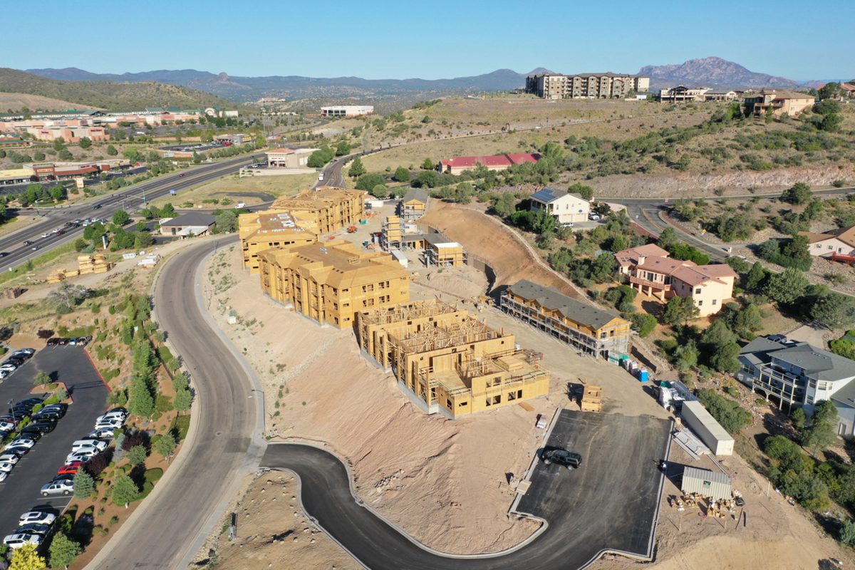 Aerial view of apartment buildings under construction in Prescott, Arizona