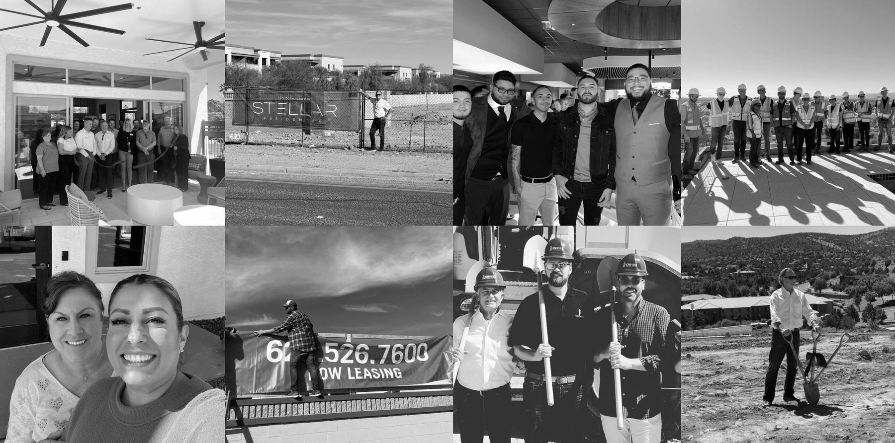 Eight photographs of Stellar staff: a ribbon cutting at a leasing office, a construction sign reading proudly managed by Stellar Residential, groundbreakings with shovels and hard hats, and team members hanging a now leasing banner